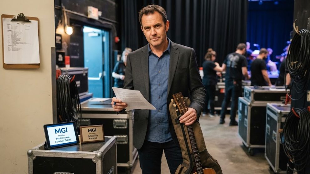 musician standing confidently backstage with an acoustic guitar and performance contract, illustrating professional survival talent.